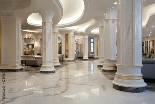 Luxury retail banking branch interior, exclusive private banking, marble floors, VIP service photo