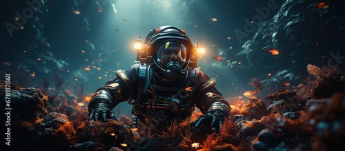 Astronaut in space suit exploring underwater world.