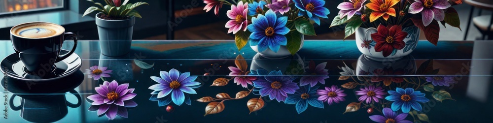 Abstract banner coffee cup on glossy table with flowers, background for your design, concept Valentine's or birthday or Mother's Day or Women's Day. Abstract banner coffee cup on glossy table with flowers, background for your design, concept Valentine's or birthday or Mother's Day or Women's Day.