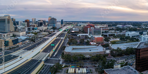 Panoramic aerial view of I4 highway passing through downtown Orlando, Florida.