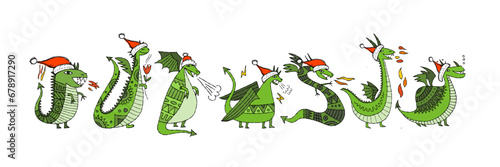 Greeting card design with funny Dragon characters in Santa hats. Symbol of Ch...