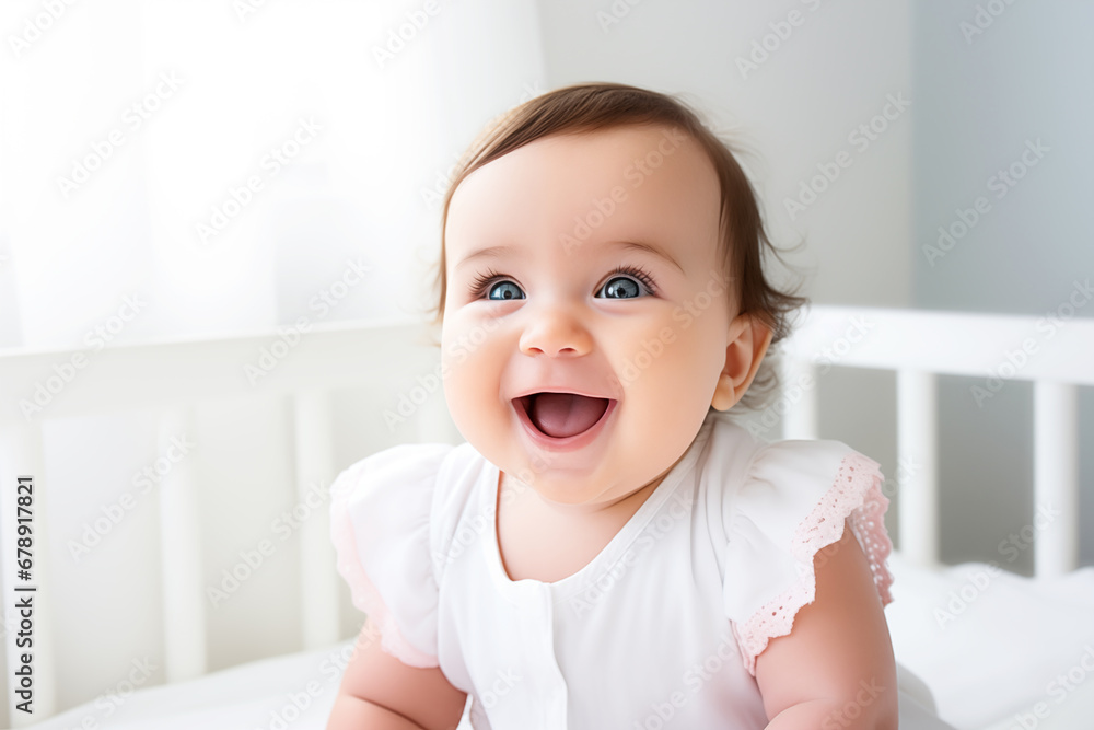 A five-month-old baby girl sits in a crib and laughs. Happy healthy child smiling