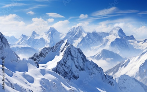 Beautiful winter mountains panorama with snow covered peaks and blue sky