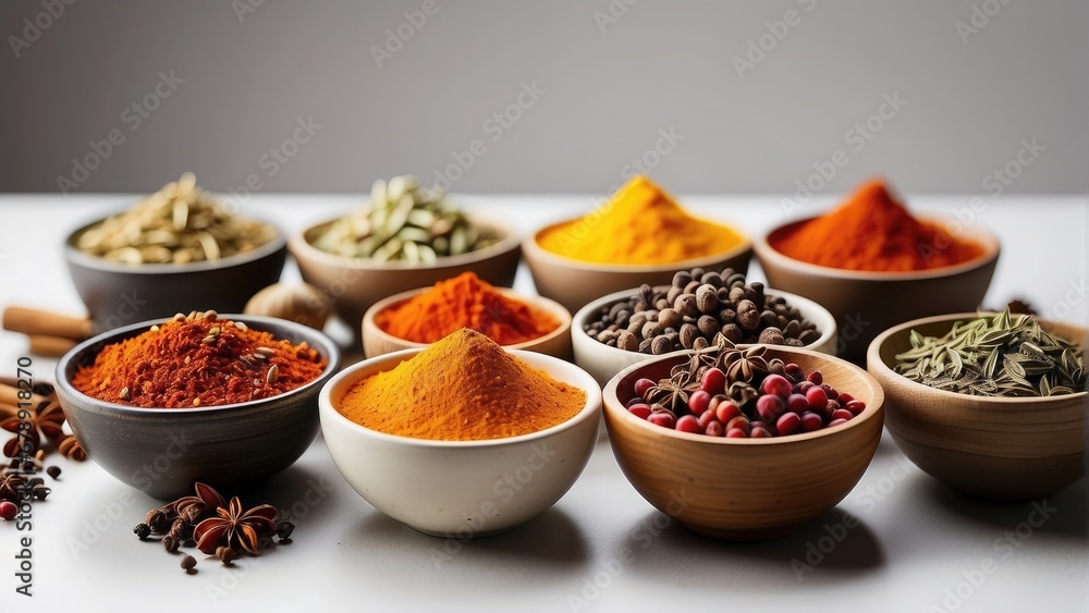 variety of spices in bowls in a white background photo