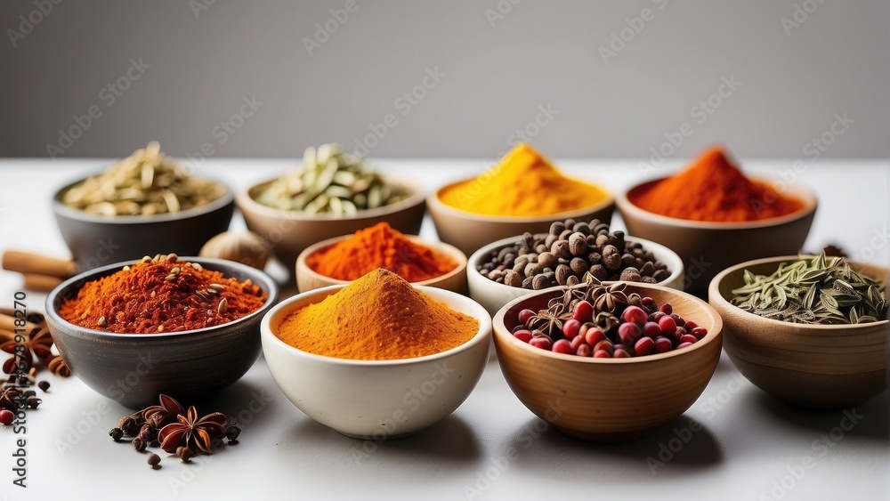 variety of spices in bowls in a white background photo variety of spices in bowls in a white background photo