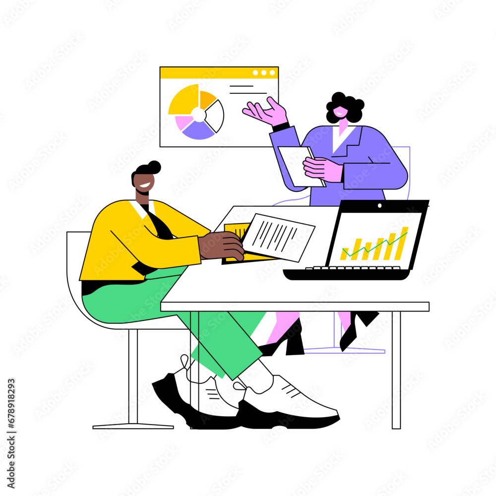 Present business plan isolated cartoon vector illustrations. Woman presents new business plan to manager, brainstorming process, discussing startup, cooperation and communication vector cartoon. Present business plan isolated cartoon vector illustrations. Woman presents new business plan to manager, brainstorming process, discussing startup, cooperation and communication vector cartoon.