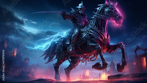 Skeleton wizard rides cyberpunk horse black night Ai generated Clipart photo