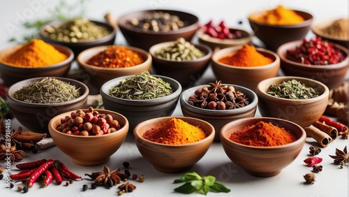 variety of spices in bowls in a white background photo