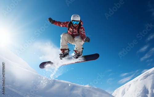 snowboarder performing a mid - air jump against a clear blue sky.