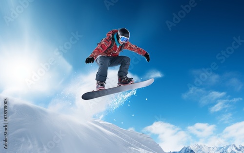 Snowboarder jumping against blue sky with white clouds