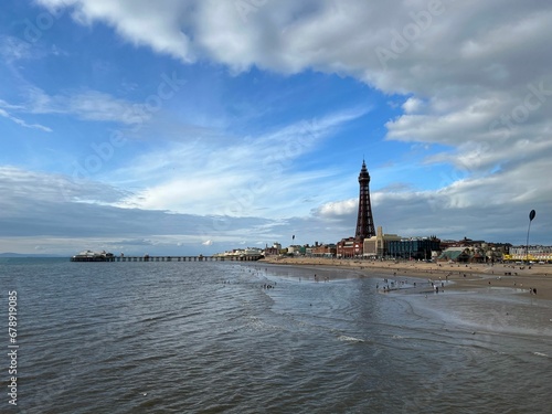 Scenic view of the central lighthouse of Blackpool town under the peaceful sky © Wirestock