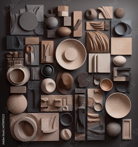 Assorted collection of items arranged on wood. Overhead view.