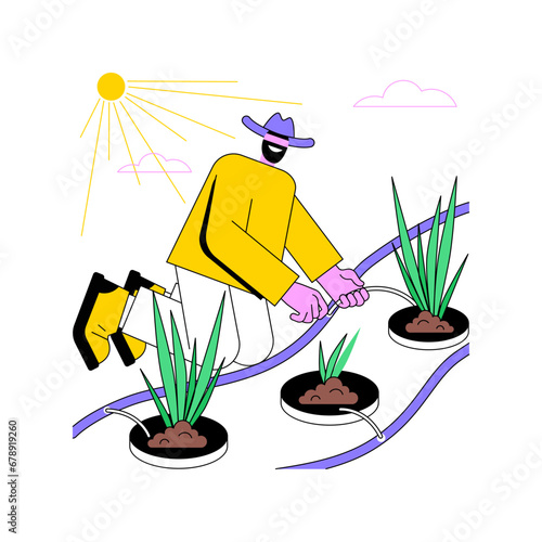 Dip irrigation system isolated cartoon vector illustrations. Farmer installs dip irrigation system, agribusiness industry, agricultural input sector, sprinkling equipment vector cartoon.