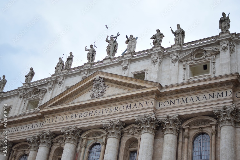 Close up of the St. Peter's Basilica built in the renaissance style located in Vatican City