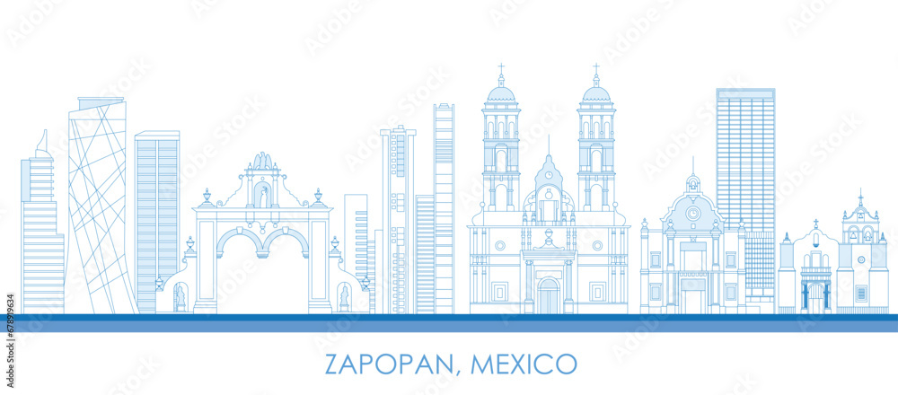 Outline Skyline panorama of city of Zapopan, Mexico - vector illustration