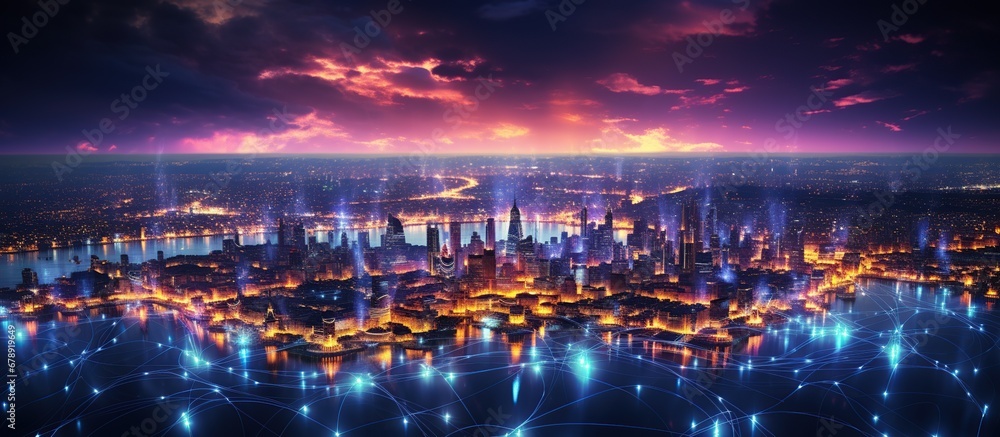 Futuristic city with network connection over cityscape background