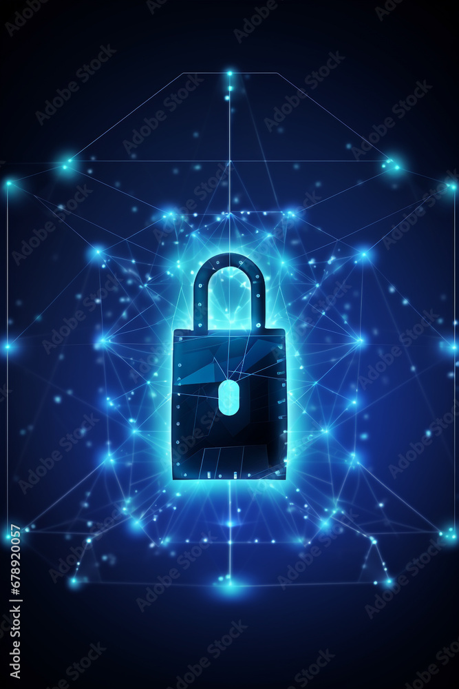 Cyber security concept. Lock symbol from lines and triangles, point connecting network on blue background. High quality photo Cyber security concept. Lock symbol from lines and triangles, point connecting network on blue background. High quality photo