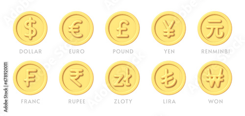 Golden currency 3d signs set. Currency, great design for any purposes. Vector isolated sign photo