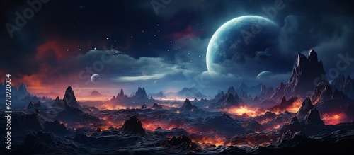 Fantasy alien planet. Mountain and moon.