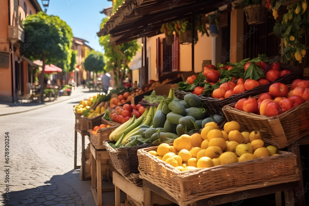 Street fruits and vegetable market in spain - A tiny, neighborhood fruit and vegetable stand on a beautiful day in a Spanish city
