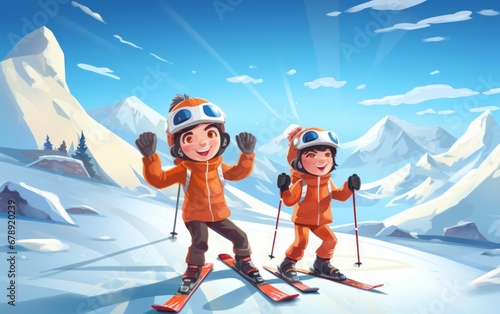 Two children skiing in the mountains. Winter sport