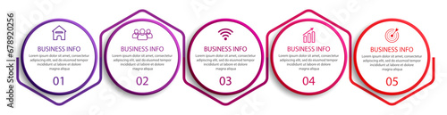 simple infographic business vector with 5 interconnected parts with color lines, icons, tex, numbers, options.
good for your business
