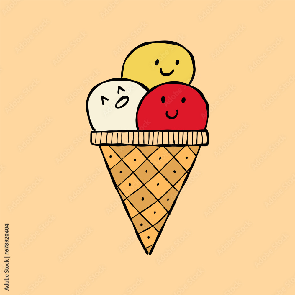 Ice cream character. Kawaii style icons with black outline Ice cream character. Kawaii style icons with black outline