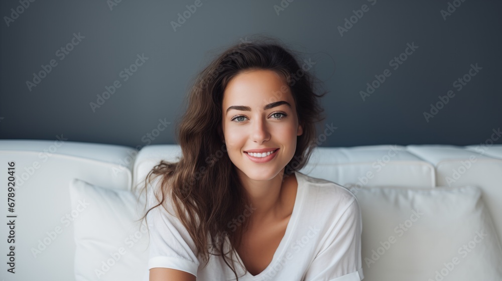 Happy young woman sitting on sofa at home. Happy young woman sitting on sofa at home.