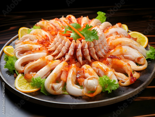 Seafood platter and fish fillet, salmon fillet, tuna fillet, octopus and squid, crab, grilled sea food, sea food and fish fillet for diet and nutrition, ai generated photo