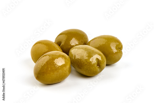 Green olives, isolated on a white background.