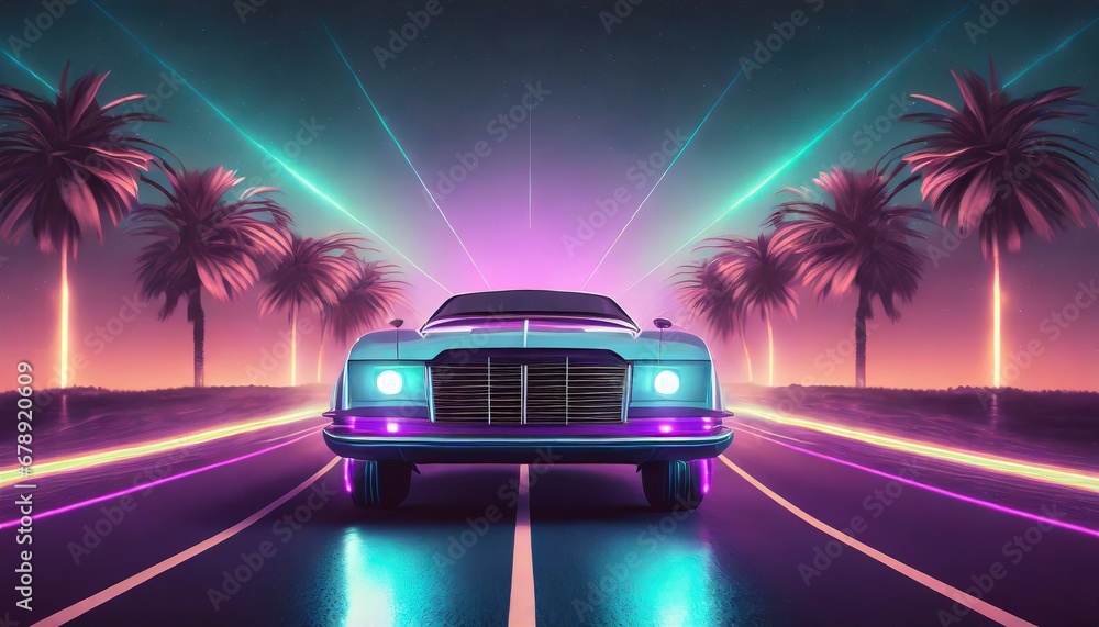 Retro futuristic 80s design. Car on a road, metaverse cyberpunk.	
