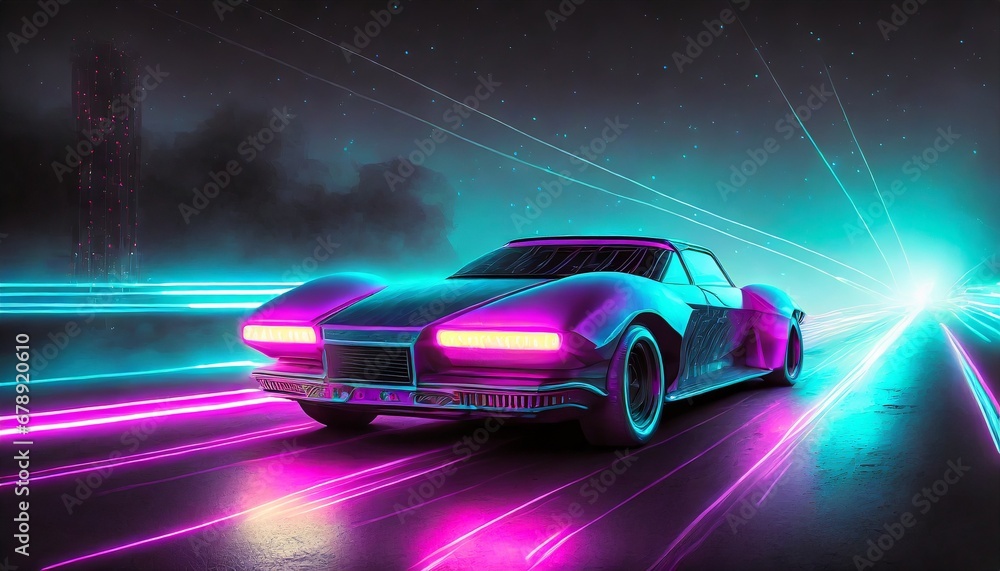 Retro futuristic 80s design. Car on a road, metaverse cyberpunk.	
