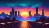 Retro futuristic synthwave retrowave style night cityscape with sunset in the background. Cover or poster template for retro wave music.