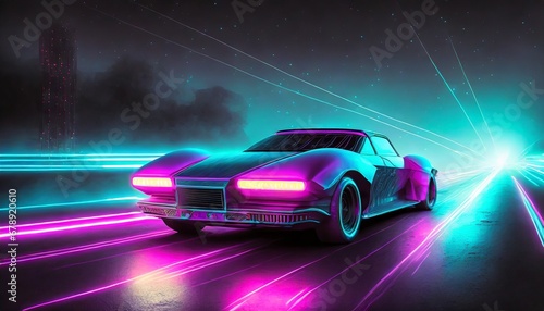 Retro futuristic 80s design. Car on a road, metaverse cyberpunk.   © adobedesigner