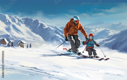 Father and son skiing in the mountains. Winter sports for children.