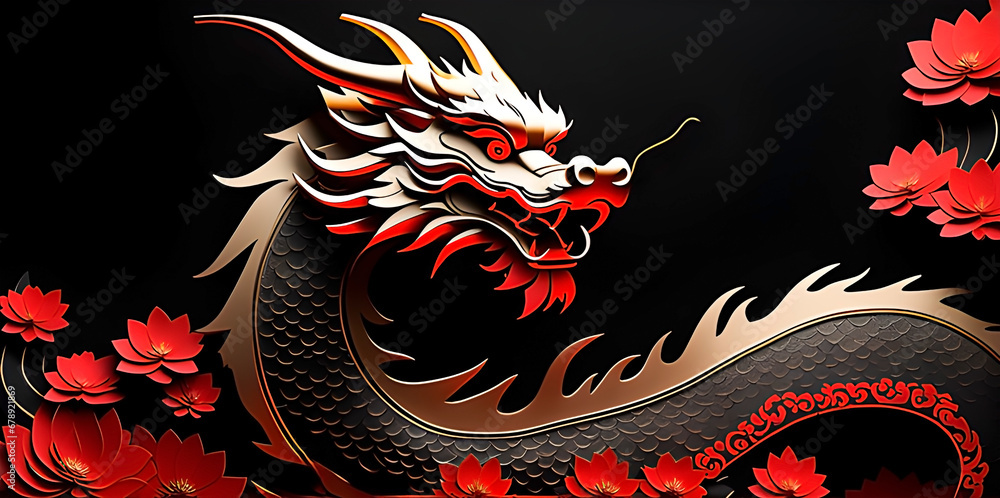 2024 Chinese new year animal chinese dragon on elegant black background with red flowers. Elegant Chinese new year banner with copy space. - obrazy, fototapety, plakaty 