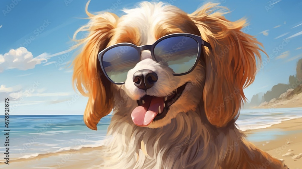 Cute dog, wearing a sunglasses, happy at the beach ,Generated AI