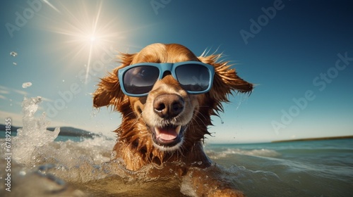 Cute dog, wearing a sunglasses, happy, surfing at the beach ,Generated AI © Bianca