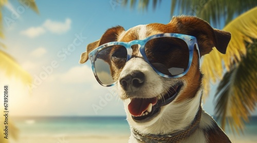Cute dog, wearing a sunglasses, happy at the beach ,Generated AI © Bianca