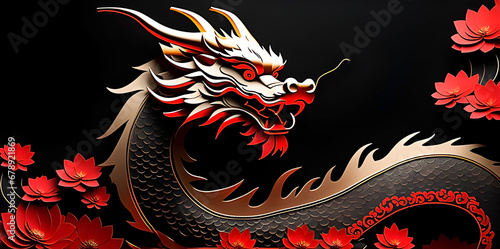 2024 Chinese new year animal chinese dragon on elegant black background with red flowers. Elegant Chinese new year banner with copy space.