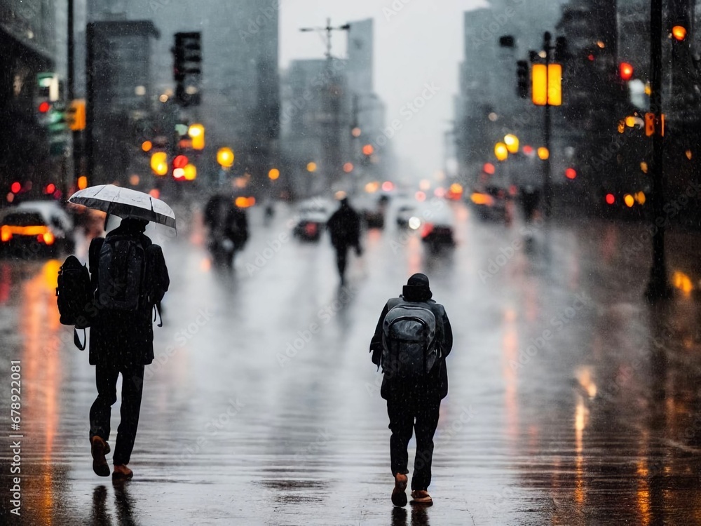 Wallpaper of the rainy city with people walking on the wet ground