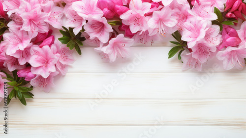 Azaleas on Wooden Background, Beautiful Flowers, Spring Floral, Copy Space. Generative AI © BussarinK