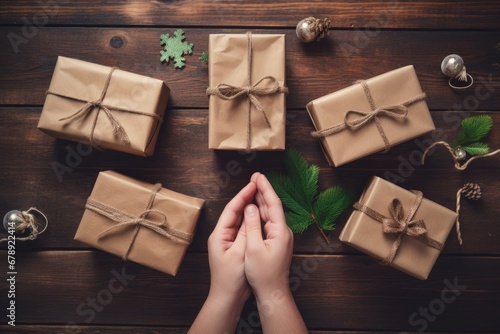 Woman holding a gift box, Handmade DIY Christmas presents, Hands wrapping gifts, Festive Holiday, Family Time, Merry, Decoration, Celebrating, Birthday, Donate, Love, Party, Joyful Moments, Giving photo