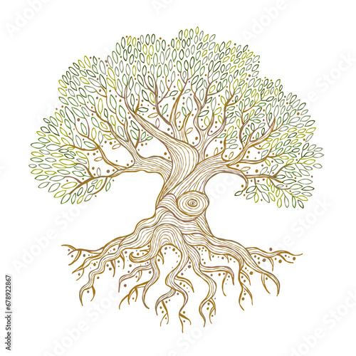Old big family tree with roots isolated on white. Concept Art for your design. Design interior ideas.
