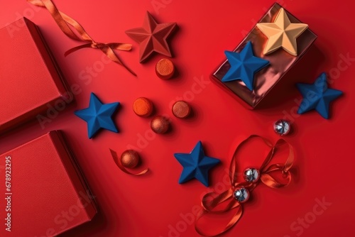 Blue star on a red winter background, Blue Birthday gift present boxes, Celebration of festive, wrapping paper, Xmas Party, Christmas decoration Christmas balls, Ornament, Red wrapping paper