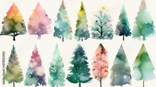 Set of christmas trees in the forest with snow, Christmas tree and decorations. Watercolor painting, multicolored drawed drawing art, brushed out motley bright xmas card winter drawing, fir and pines