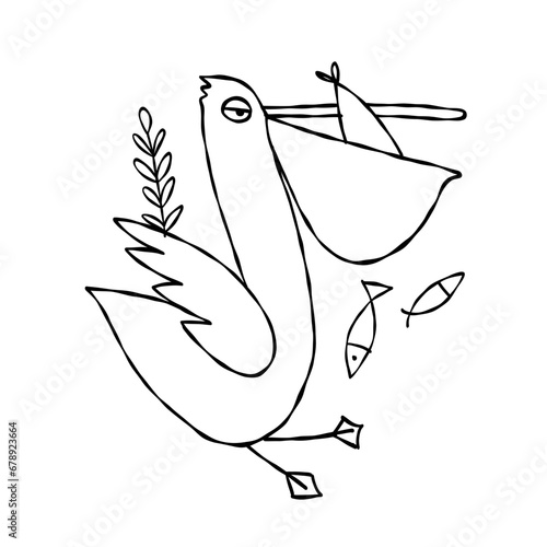 Funny pelican character isolated on white for your design. Colouring page