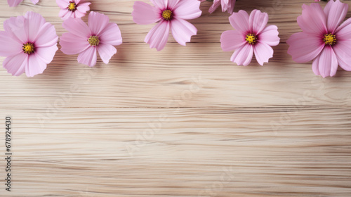Cosmos on Wooden Background, Beautiful Flowers, Summer Floral, Copy Space. Generative AI