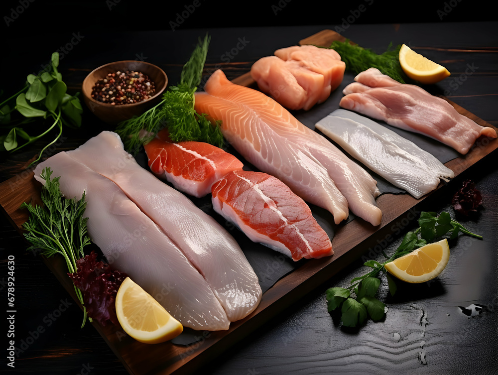 Seafood platter and fish fillet, salmon fillet, tuna fillet, octopus