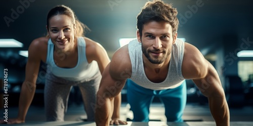 Dynamic Duo: Join the Fitness Journey as a Man and Woman Conquer Push-Ups in the Gym, Showcasing the Power of Workout, Strength, and Healthy Lifestyle in a Unified Exercise Experience